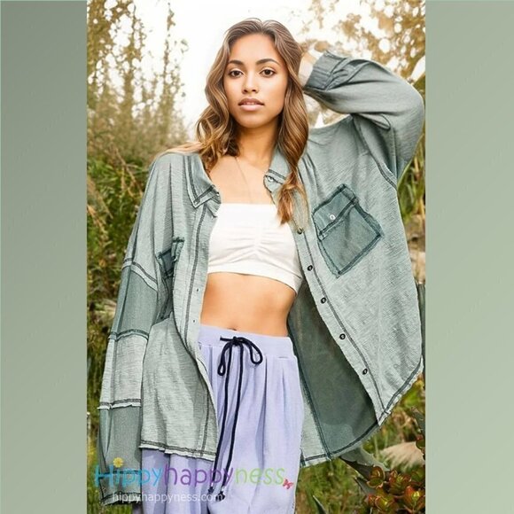POL Clothing Button Down Shirt Layering Sage Lightweight Slub Fabric - Picture 4 of 5